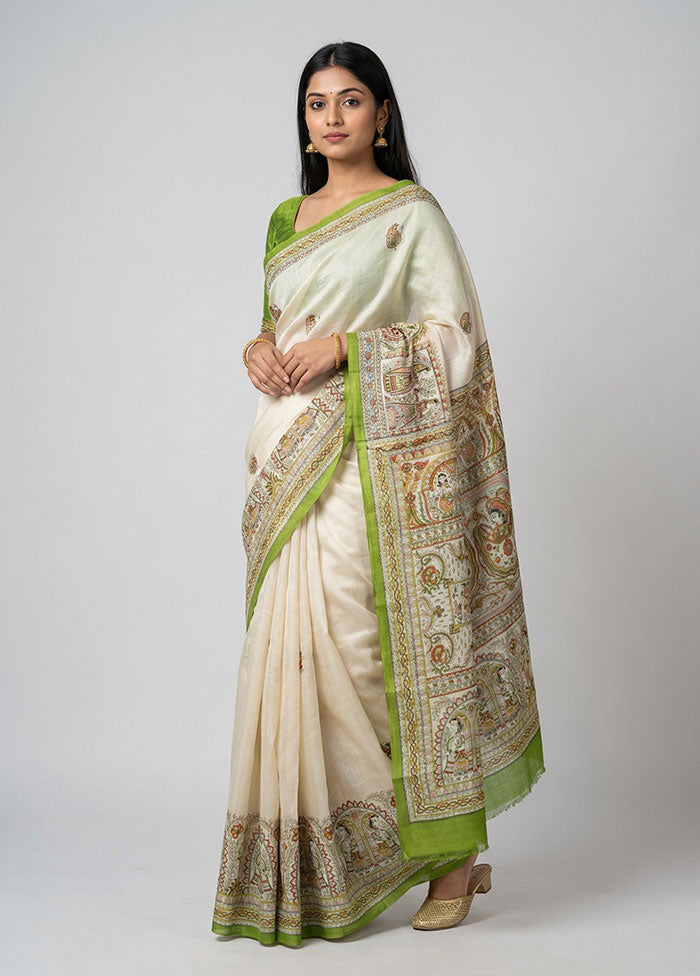 Cream Printed Silk Saree Without Blouse Piece