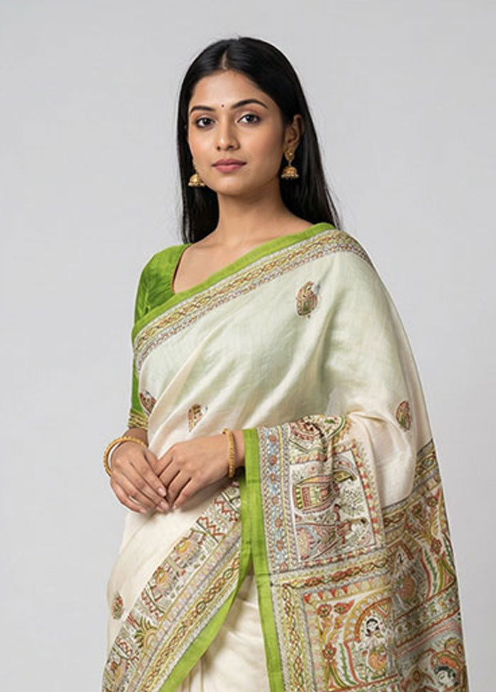 Cream Printed Silk Saree Without Blouse Piece