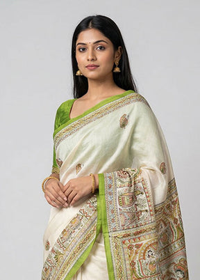 Cream Printed Silk Saree Without Blouse Piece