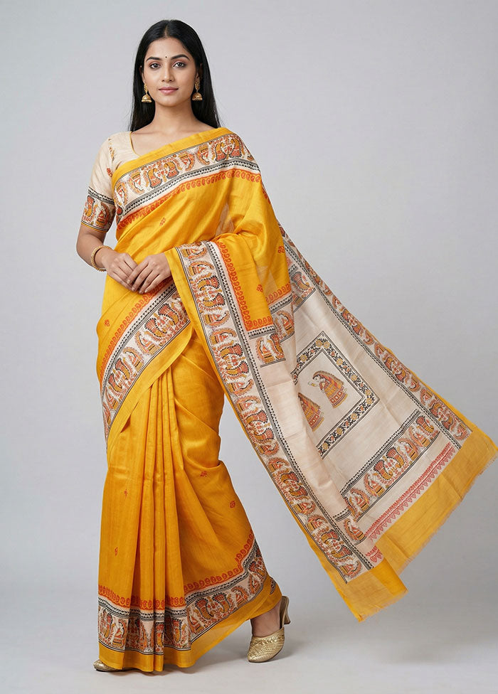 Yellow Printed Silk Saree Without Blouse Piece