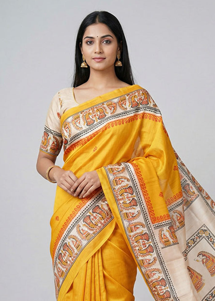 Yellow Printed Silk Saree Without Blouse Piece
