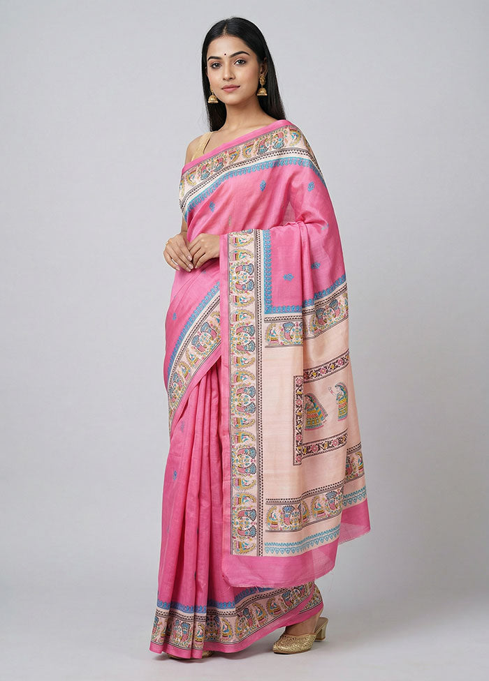 Pink Printed Silk Saree Without Blouse Piece