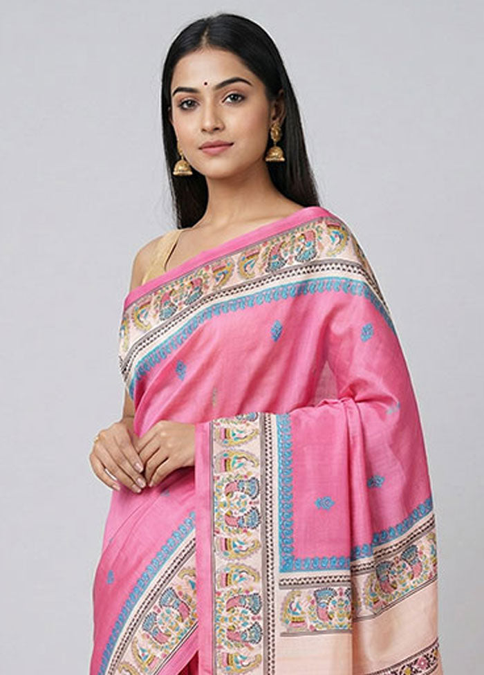 Pink Printed Silk Saree Without Blouse Piece