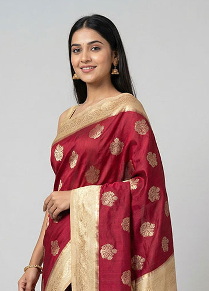 Red Dupion Silk Saree With Blouse Piece