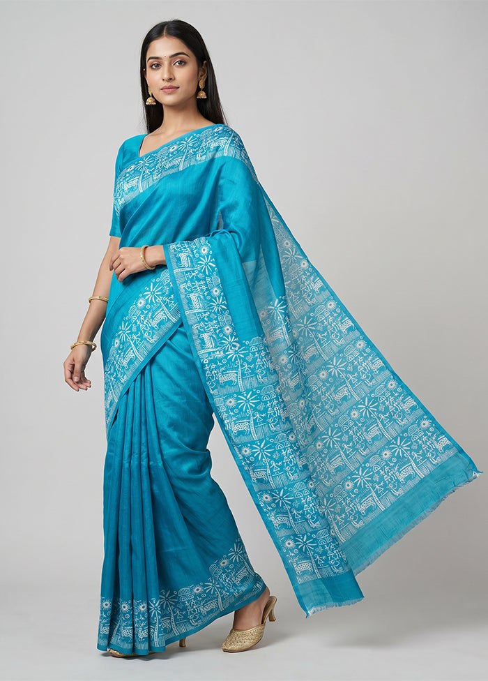 Blue Printed Silk Saree Without Blouse Piece