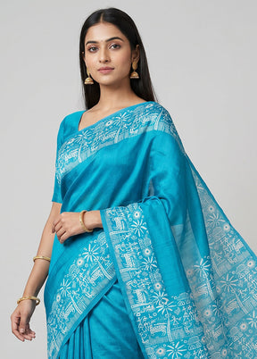 Blue Printed Silk Saree Without Blouse Piece