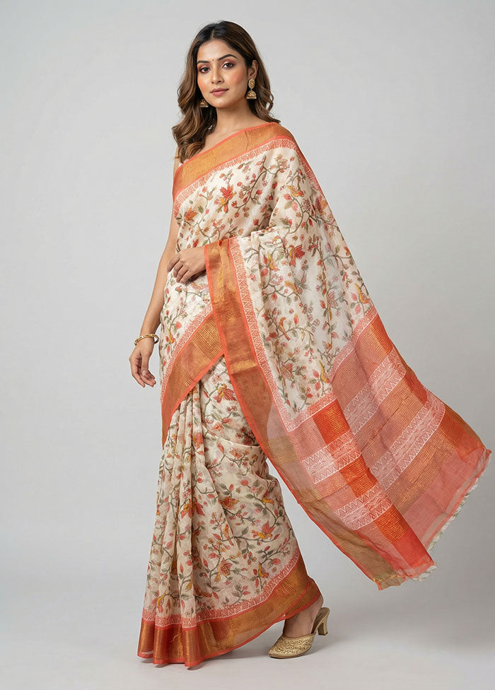 Cream Handloom Tussar Silk Saree With Blouse Piece