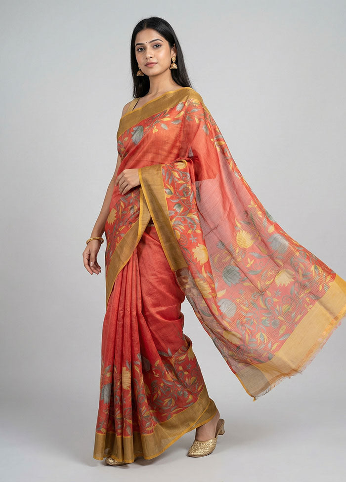 Red Handloom Tussar Silk Saree With Blouse Piece