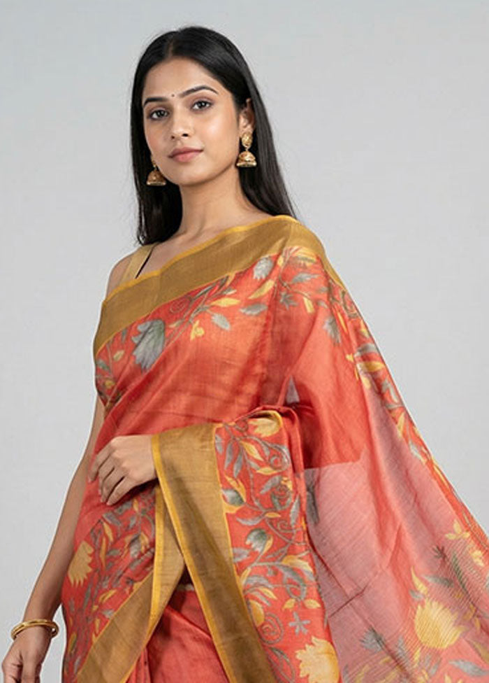 Red Handloom Tussar Silk Saree With Blouse Piece
