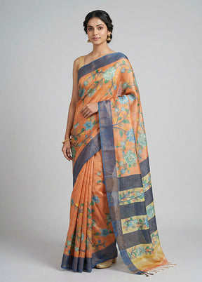 Peach Handloom Tussar Pure Silk Saree With Blouse Piece
