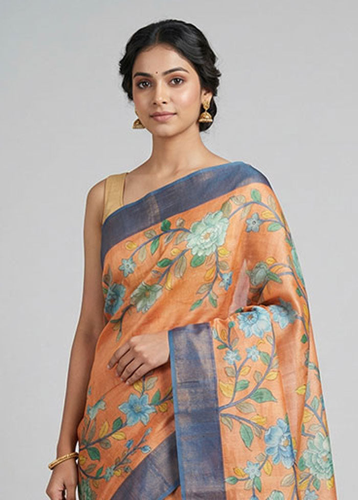 Peach Handloom Tussar Pure Silk Saree With Blouse Piece