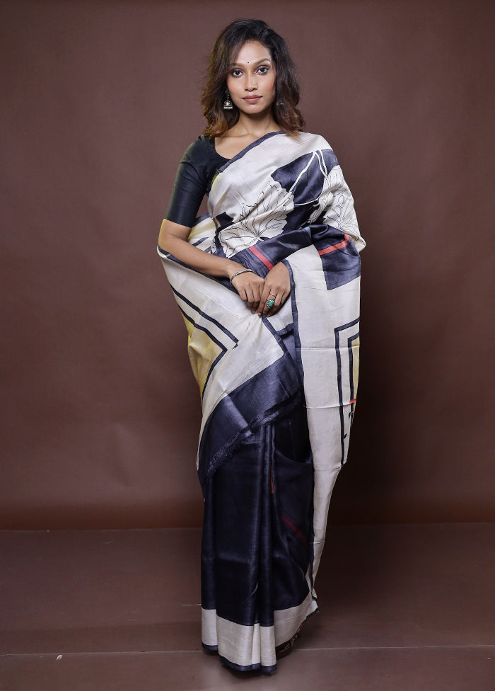 Blue Handloom Tussar Pure Silk Saree With Blouse Piece