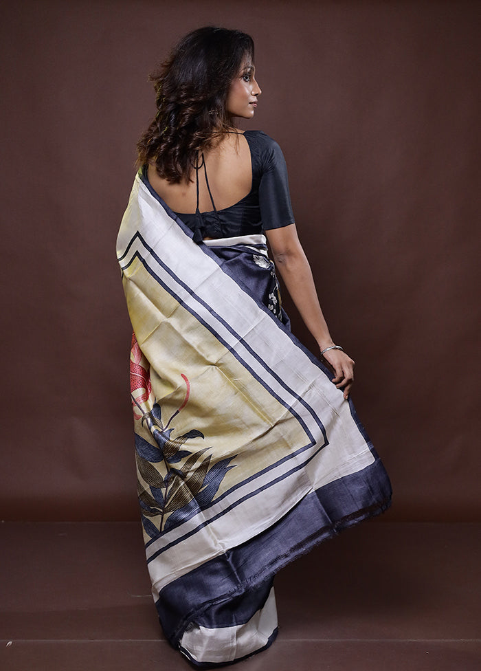 Blue Handloom Tussar Pure Silk Saree With Blouse Piece