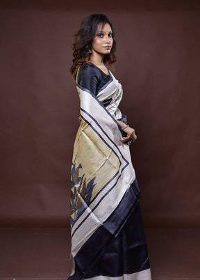 Blue Handloom Tussar Pure Silk Saree With Blouse Piece