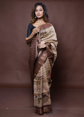 Cream Handloom Tussar Pure Silk Saree With Blouse Piece