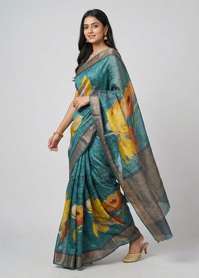 Green Handloom Tussar Pure Silk Saree With Blouse Piece