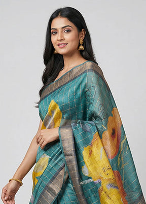 Green Handloom Tussar Pure Silk Saree With Blouse Piece
