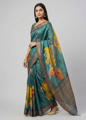 Green Handloom Tussar Pure Silk Saree With Blouse Piece
