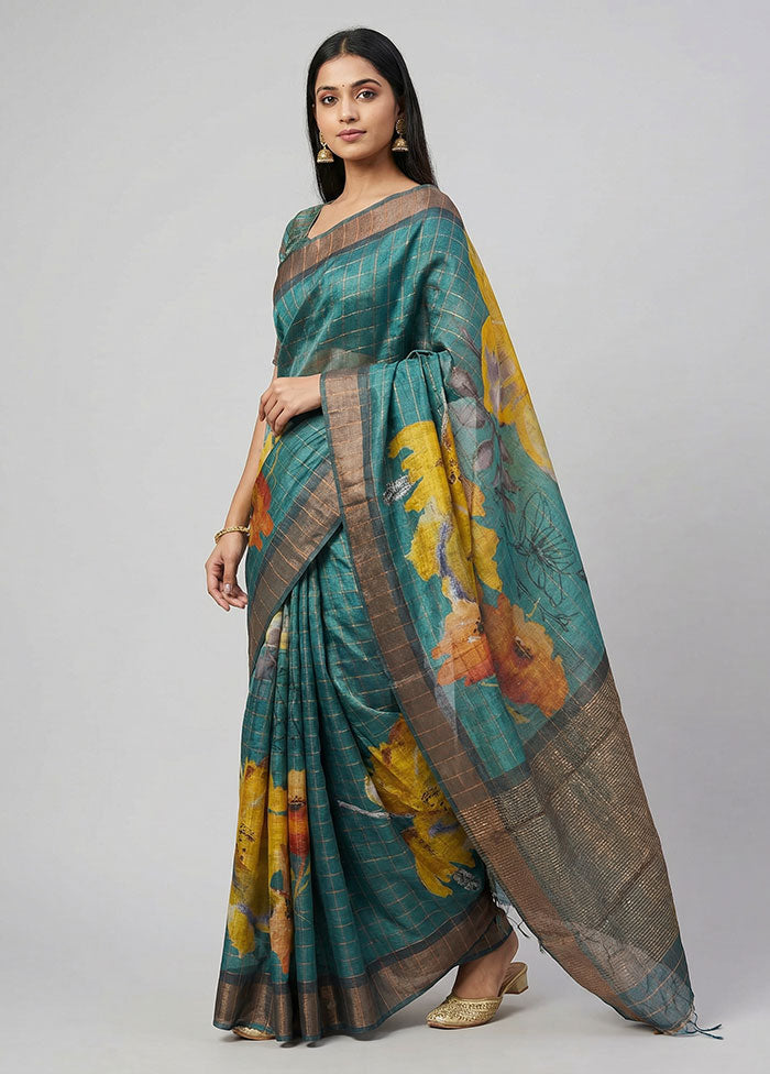 Green Handloom Tussar Pure Silk Saree With Blouse Piece