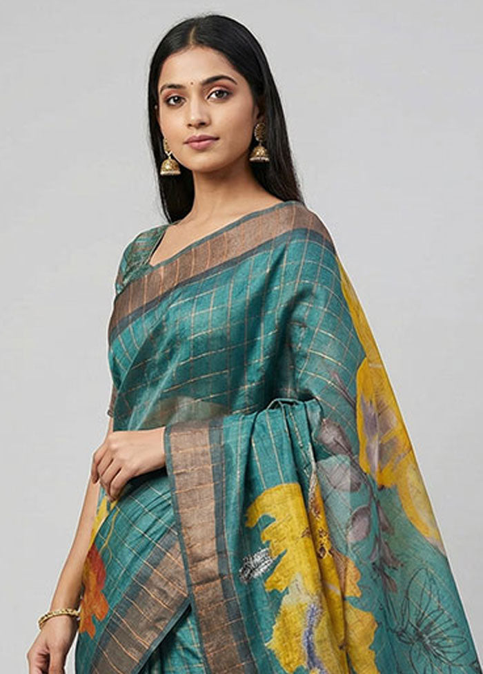 Green Handloom Tussar Pure Silk Saree With Blouse Piece