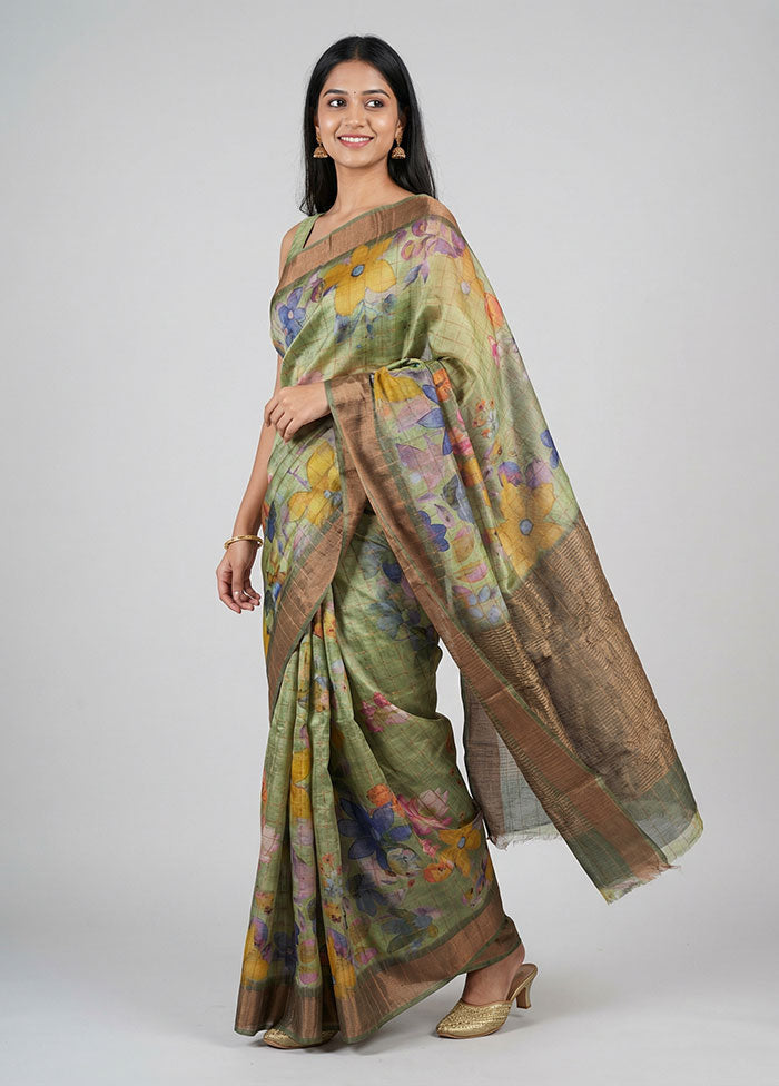 Green Handloom Tussar Pure Silk Saree With Blouse Piece