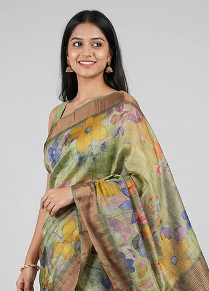 Green Handloom Tussar Pure Silk Saree With Blouse Piece