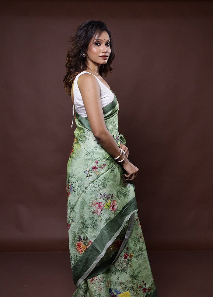 Green Handloom Tussar Pure Silk Saree With Blouse Piece