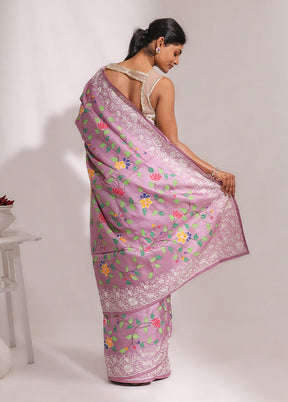Purple Handloom Tussar Pure Silk Saree With Blouse Piece