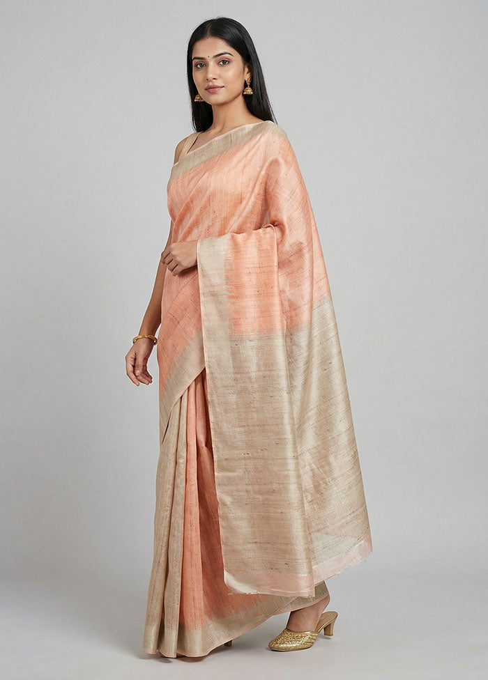 Peach Tussar Silk Saree With Blouse Piece