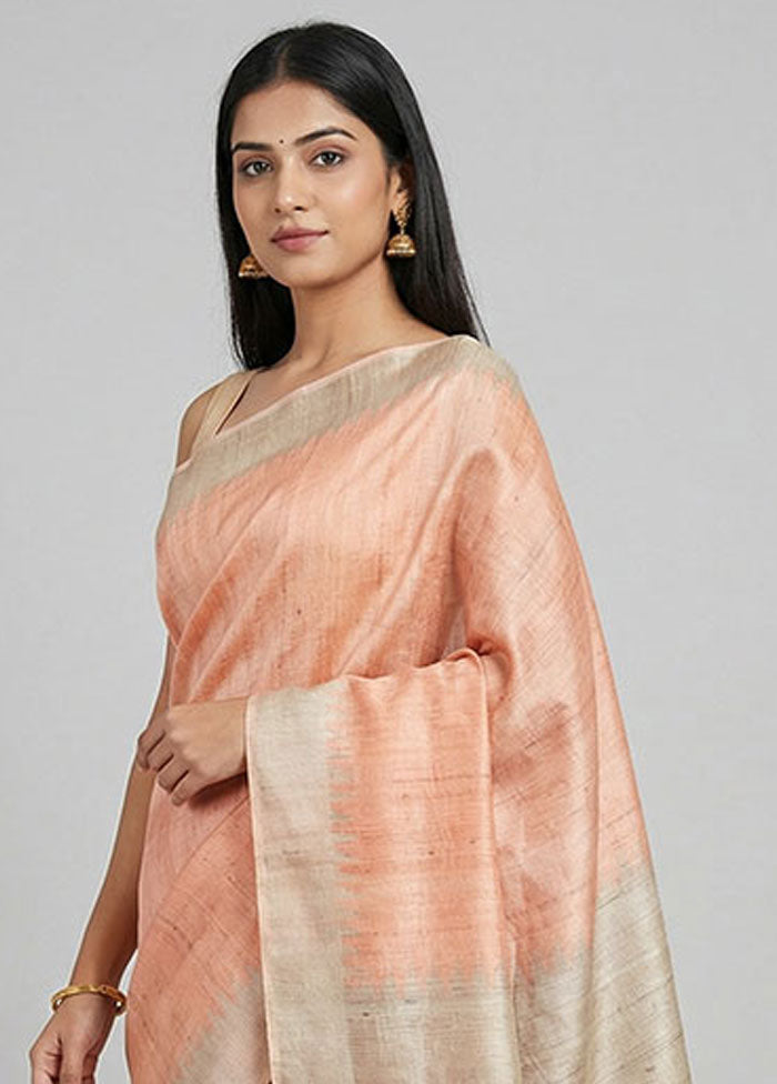 Peach Tussar Silk Saree With Blouse Piece
