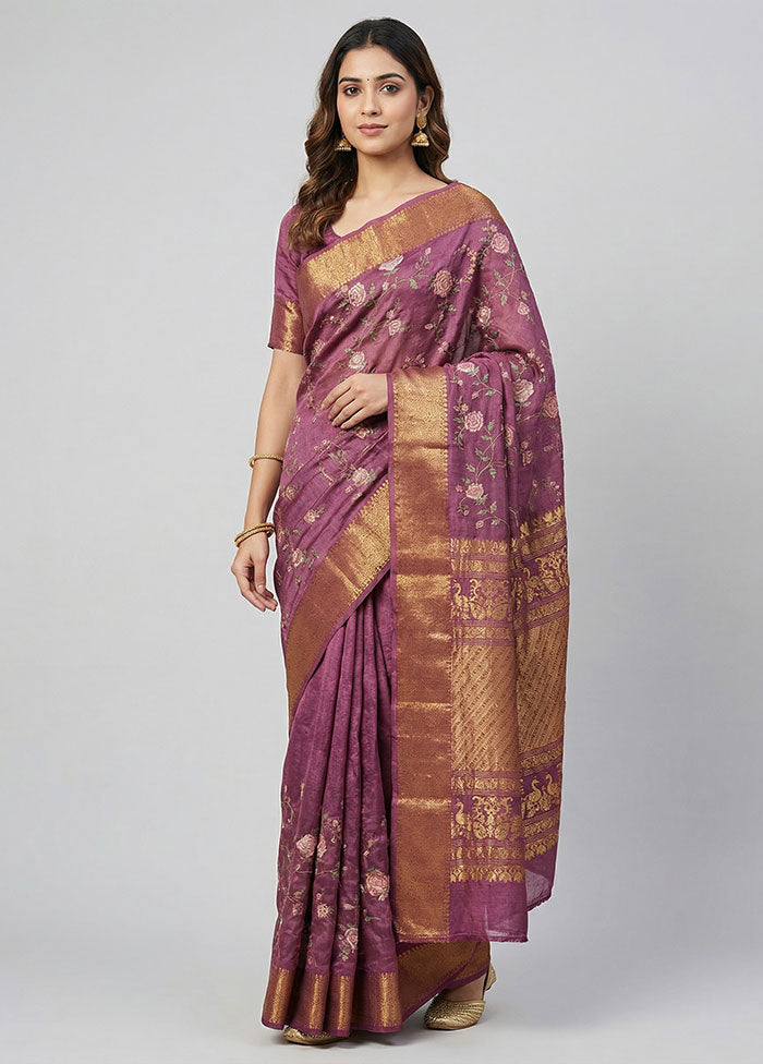 Purple Handloom Dupion Pure Silk Saree With Blouse Piece