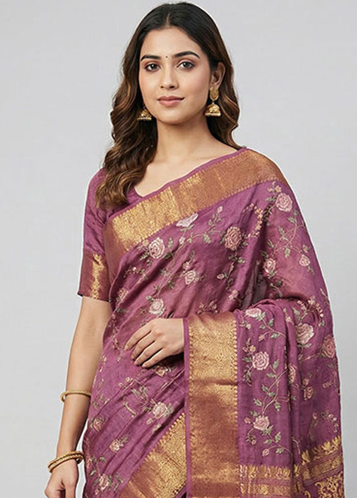 Purple Handloom Dupion Pure Silk Saree With Blouse Piece