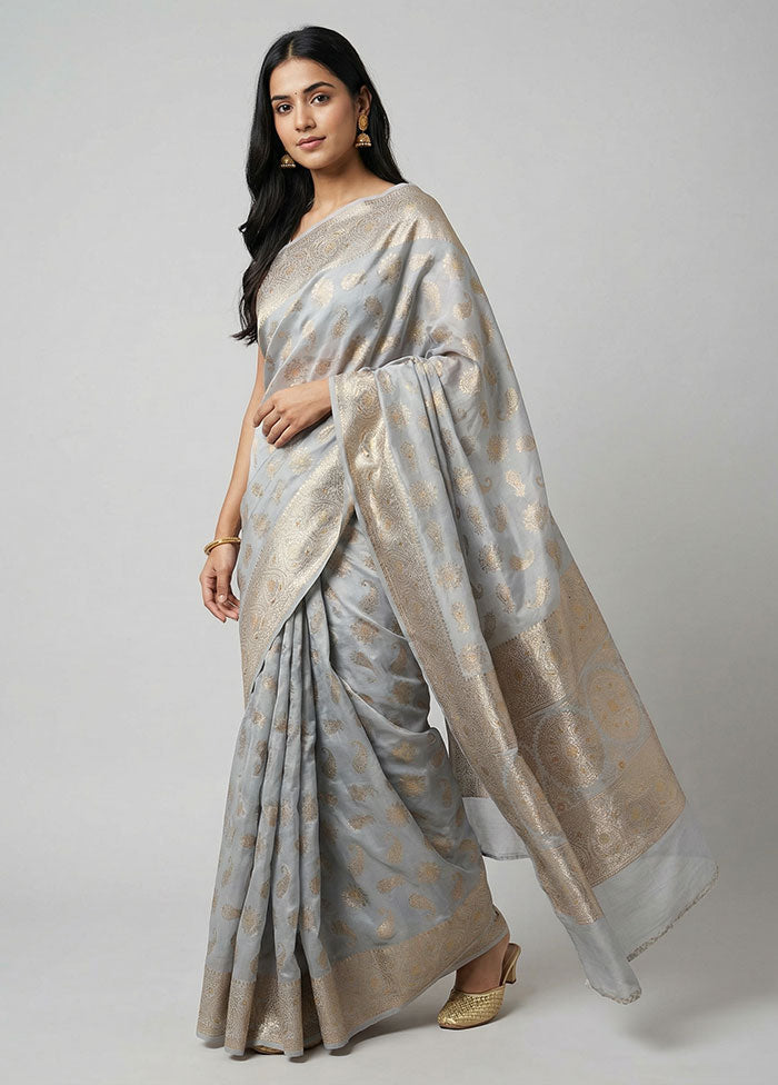 Grey Handloom Dupion Pure Silk Saree With Blouse Piece