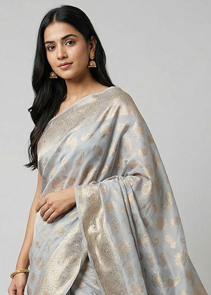 Grey Handloom Dupion Pure Silk Saree With Blouse Piece