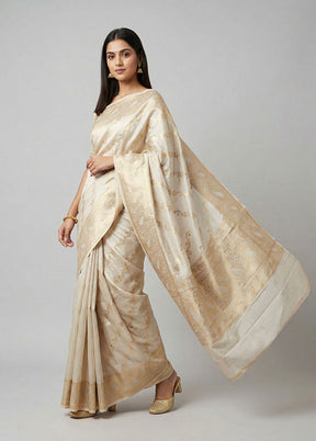 White Handloom Dupion Pure Silk Saree With Blouse Piece