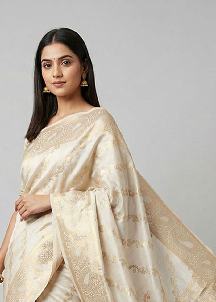 White Handloom Dupion Pure Silk Saree With Blouse Piece
