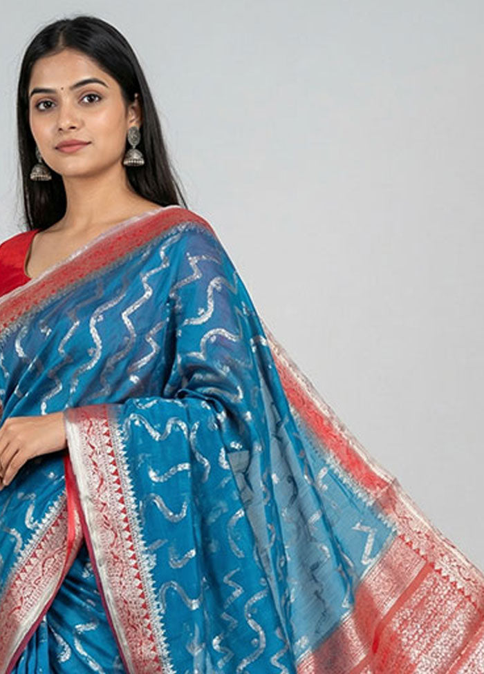 Blue Handloom Dupion Pure Silk Saree With Blouse Piece