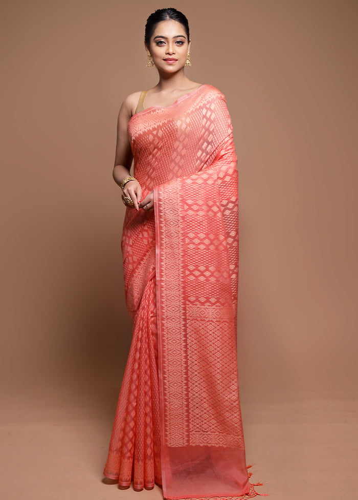 Peach Pure Cotton Saree With Blouse Piece