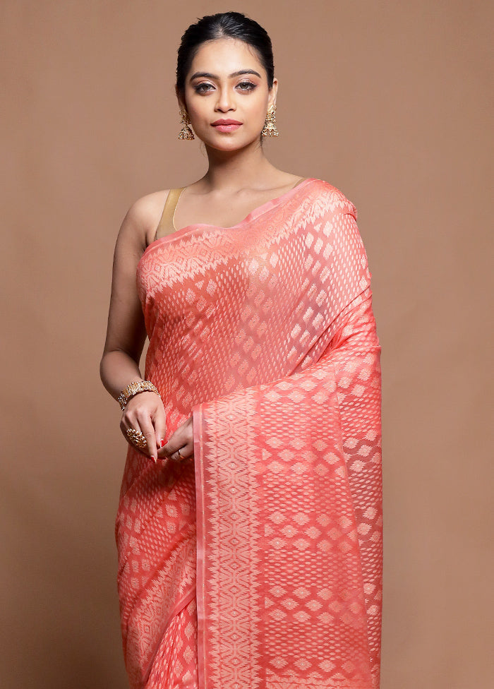 Peach Pure Cotton Saree With Blouse Piece