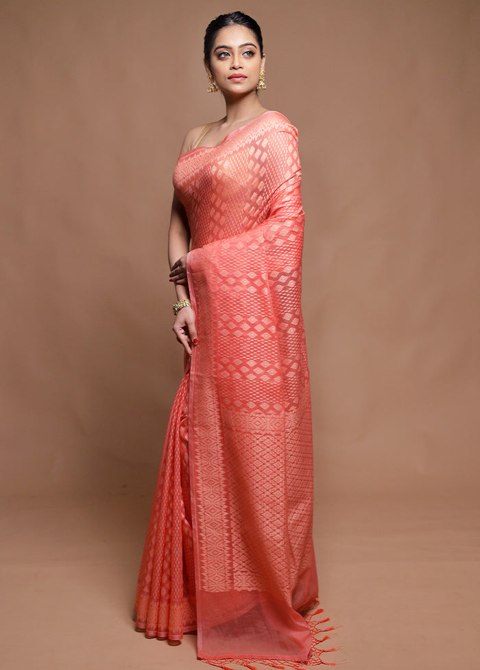 Peach Pure Cotton Saree With Blouse Piece