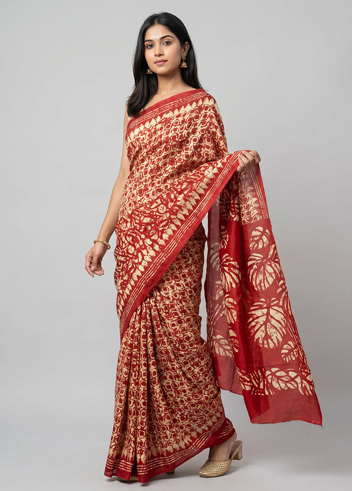 Red Printed Silk Saree Without Blouse Piece