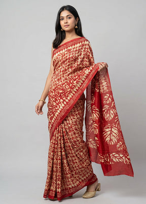 Red Printed Silk Saree Without Blouse Piece