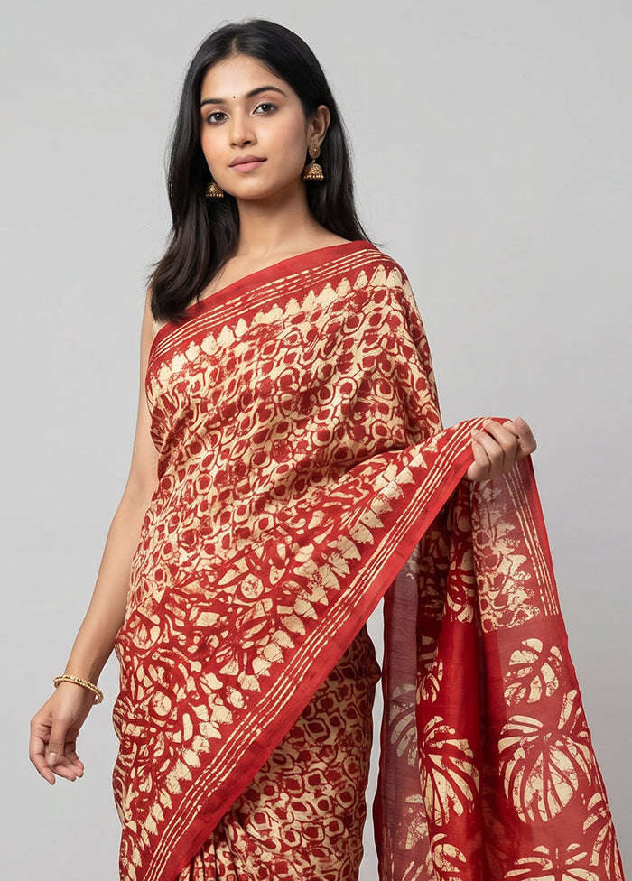 Red Printed Silk Saree Without Blouse Piece