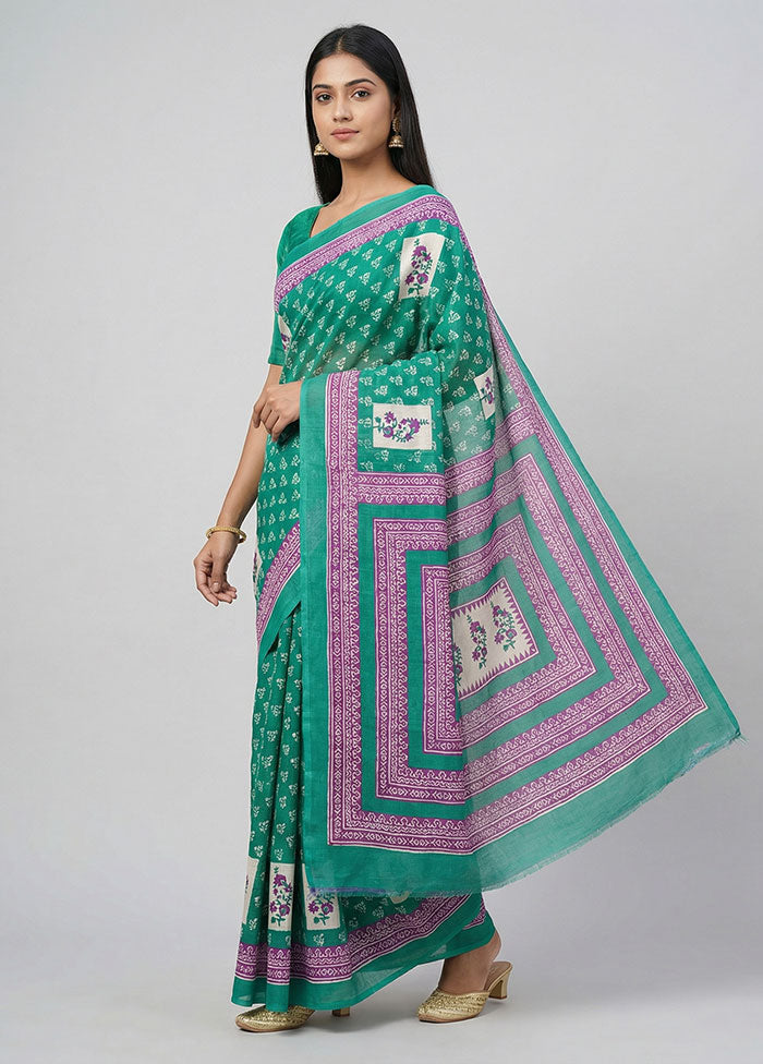 Green Printed Silk Saree Without Blouse Piece