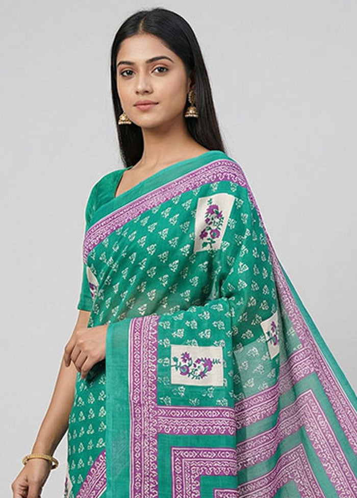 Green Printed Silk Saree Without Blouse Piece
