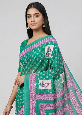 Green Printed Silk Saree Without Blouse Piece