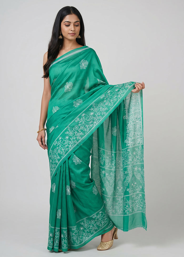 Green Printed Silk Saree Without Blouse Piece