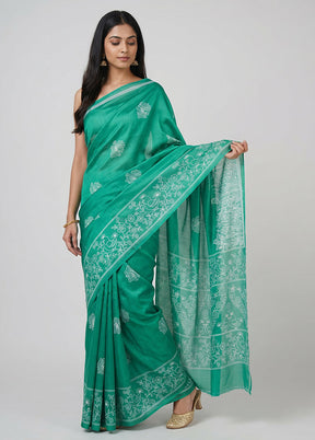 Green Printed Silk Saree Without Blouse Piece