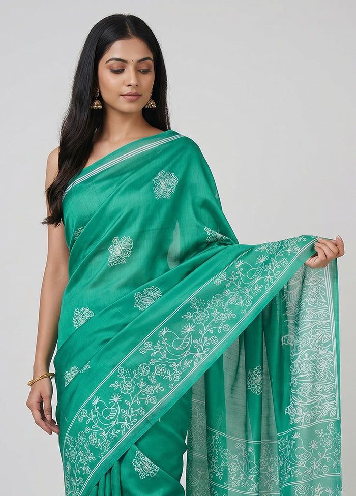 Green Printed Silk Saree Without Blouse Piece