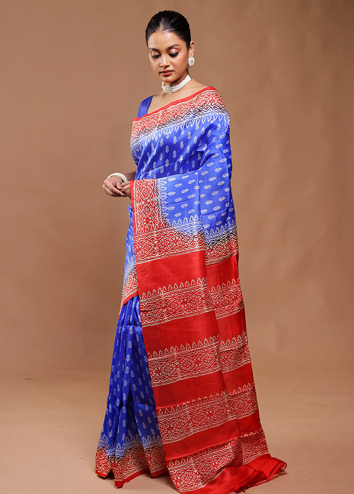 Blue Printed Pure Silk Saree Without Blouse Piece